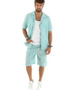 Completo Set Coordinato Uomo Viscosa Camicia Con Colletto Bermuda Outfit Verde Acqua GIOSAL-OU2355A