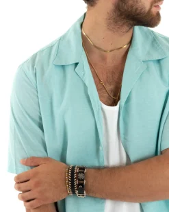 Completo Set Coordinato Uomo Viscosa Camicia Con Colletto Bermuda Outfit Verde Acqua GIOSAL-OU2355A