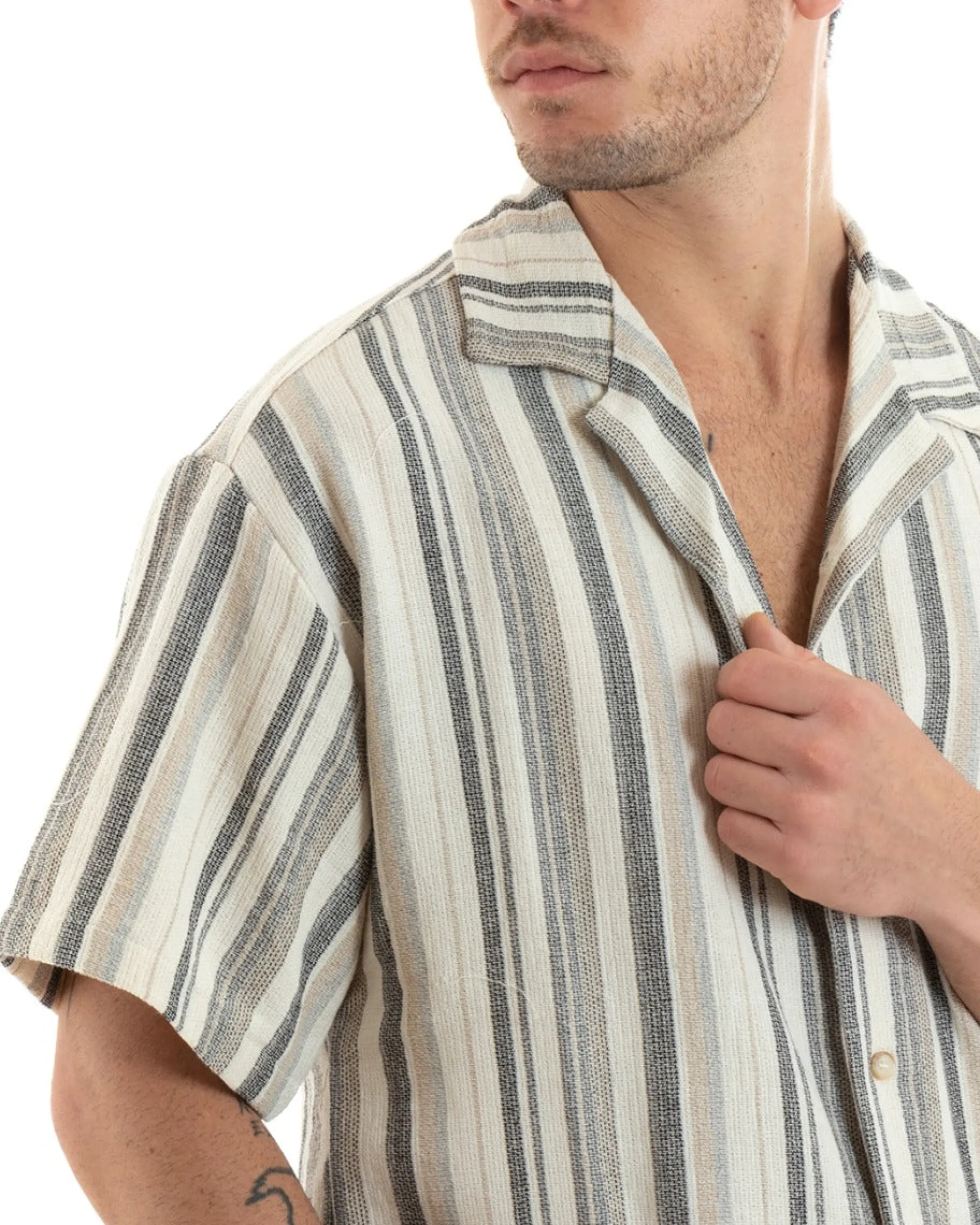 Completo Set Coordinato Uomo Cotone Camicia Con Colletto Bermuda Outfit GIOSAL-OU2321A
