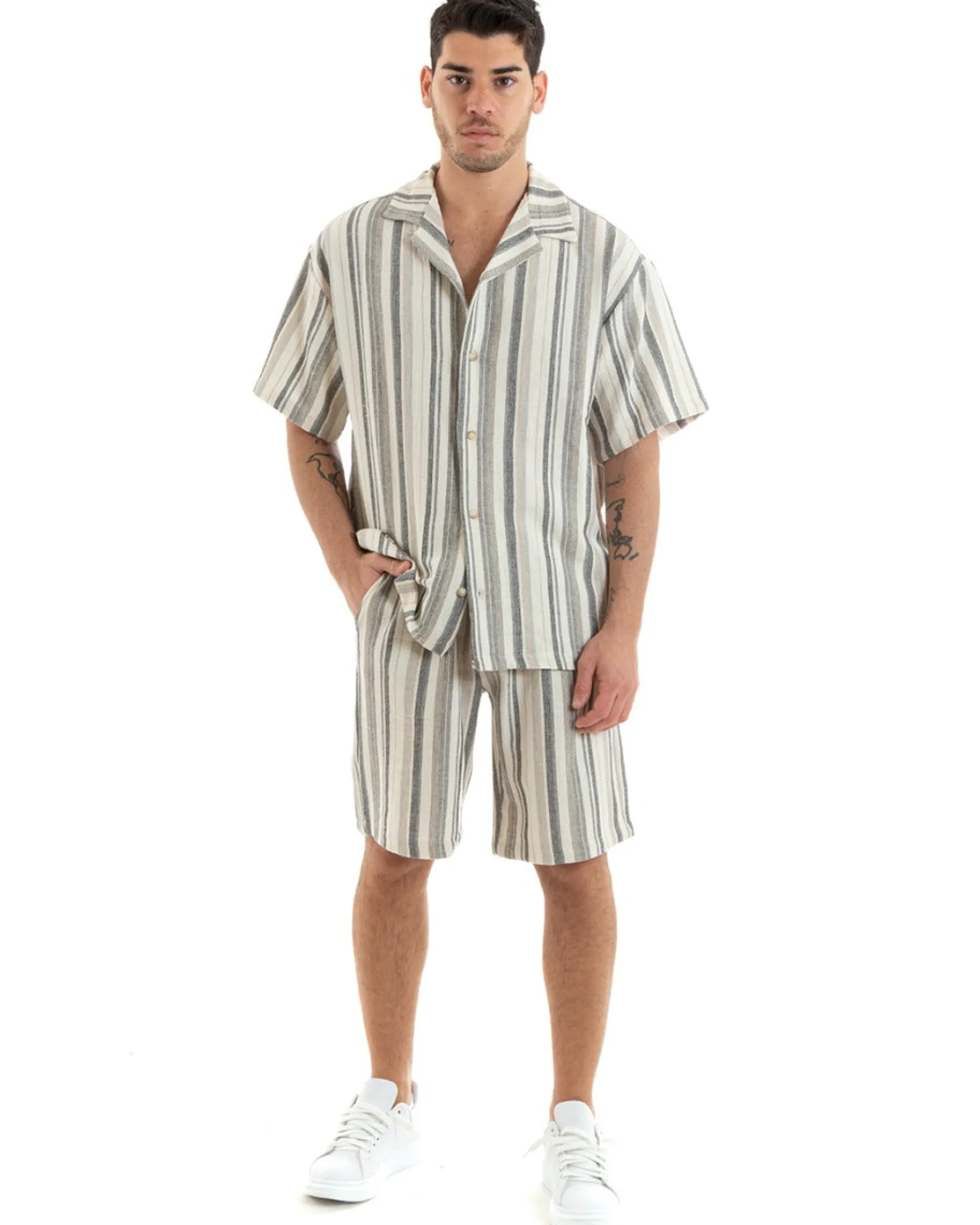 Completo Set Coordinato Uomo Cotone Camicia Con Colletto Bermuda Outfit GIOSAL-OU2321A