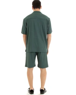 Completo Set Coordinato Uomo Viscosa Plissé Camicia Con Colletto Bermuda Outfit Verde GIOSAL-OU2282A