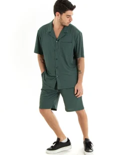 Completo Set Coordinato Uomo Viscosa Plissé Camicia Con Colletto Bermuda Outfit Verde GIOSAL-OU2282A