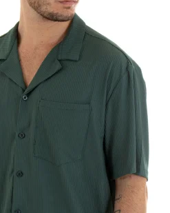 Completo Set Coordinato Uomo Viscosa Plissé Camicia Con Colletto Bermuda Outfit Verde GIOSAL-OU2282A