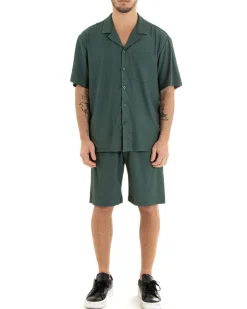 Completo Set Coordinato Uomo Viscosa Plissé Camicia Con Colletto Bermuda Outfit Verde GIOSAL-OU2282A