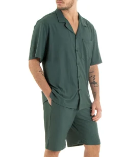 Completo Set Coordinato Uomo Viscosa Plissé Camicia Con Colletto Bermuda Outfit Verde GIOSAL-OU2282A