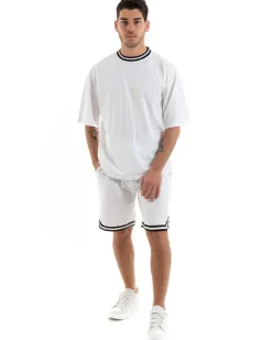 Completo Set Coordinato Uomo Cotone Viscosa T-Shirt Bermuda Outfit Bianco GIOSAL-OU2310A
