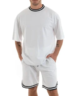 Completo Set Coordinato Uomo Cotone Viscosa T-Shirt Bermuda Outfit Bianco GIOSAL-OU2310A