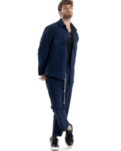 Completo Set Coordinato Uomo Viscosa Camicia Pantaloni Jogger Outfit Melangiato Blu GIOSAL-OU2451A