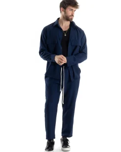 Completo Set Coordinato Uomo Viscosa Camicia Pantaloni Jogger Outfit Melangiato Blu GIOSAL-OU2451A