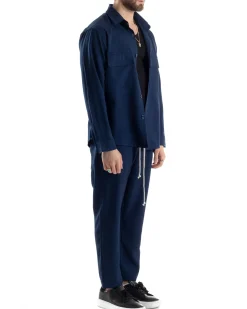 Completo Set Coordinato Uomo Viscosa Camicia Pantaloni Jogger Outfit Melangiato Blu GIOSAL-OU2451A
