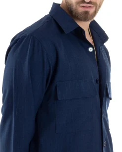 Completo Set Coordinato Uomo Viscosa Camicia Pantaloni Jogger Outfit Melangiato Blu GIOSAL-OU2451A