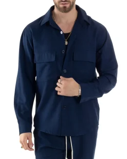 Completo Set Coordinato Uomo Viscosa Camicia Pantaloni Jogger Outfit Melangiato Blu GIOSAL-OU2451A