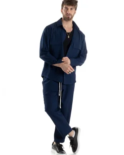 Completo Set Coordinato Uomo Viscosa Camicia Pantaloni Jogger Outfit Melangiato Blu GIOSAL-OU2451A