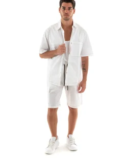 Completo Set Coordinato Uomo Cotone Camicia Con Colletto Bermuda Cargo Outfit Bianco GIOSAL-OU2368A