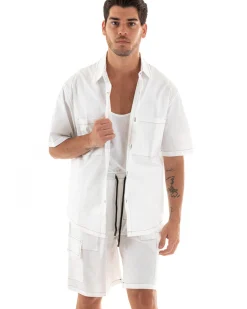 Completo Set Coordinato Uomo Cotone Camicia Con Colletto Bermuda Cargo Outfit Bianco GIOSAL-OU2368A