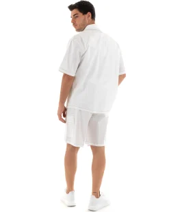 Completo Set Coordinato Uomo Cotone Camicia Con Colletto Bermuda Cargo Outfit Bianco GIOSAL-OU2368A