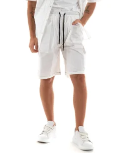 Completo Set Coordinato Uomo Cotone Camicia Con Colletto Bermuda Cargo Outfit Bianco GIOSAL-OU2368A