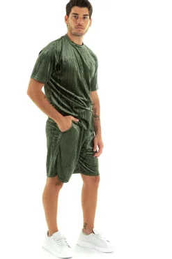 Completo Set Coordinato Uomo Ciniglia T-Shirt Bermuda Outfit Verde GIOSAL-OU2361A