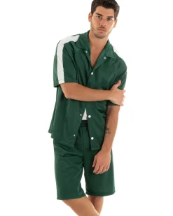 Completo Set Coordinato Uomo Viscosa Camicia Con Colletto Bermuda Outfit Verde GIOSAL-OU2364A
