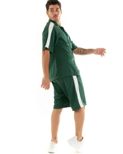 Completo Set Coordinato Uomo Viscosa Camicia Con Colletto Bermuda Outfit Verde GIOSAL-OU2364A