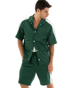 Completo Set Coordinato Uomo Viscosa Camicia Con Colletto Bermuda Outfit Verde GIOSAL-OU2364A
