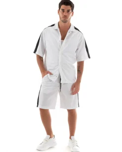 Completo Set Coordinato Uomo Viscosa Camicia Con Colletto Bermuda Outfit Bianco GIOSAL-OU2367A