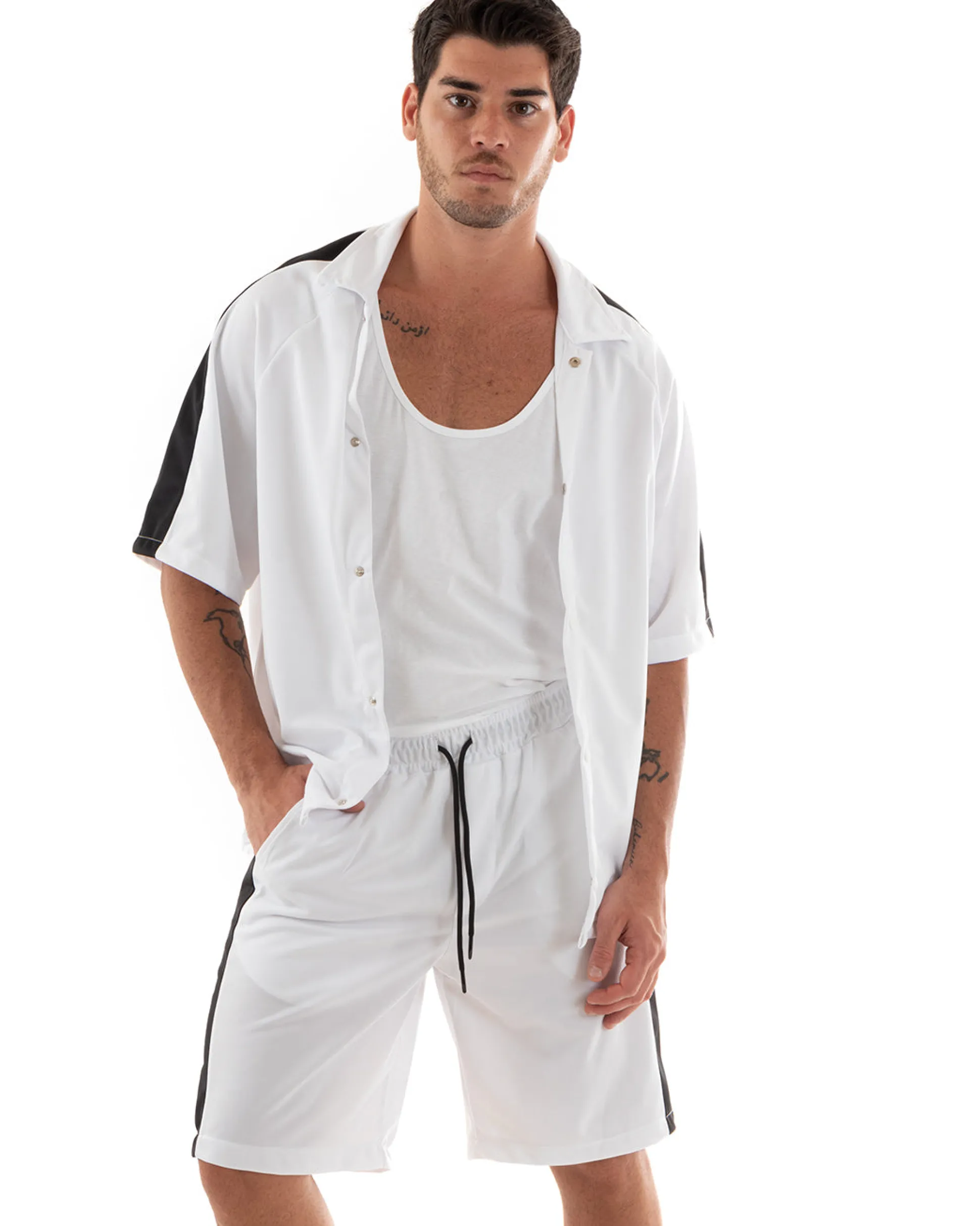 Completo Set Coordinato Uomo Viscosa Camicia Con Colletto Bermuda Outfit Bianco GIOSAL-OU2367A