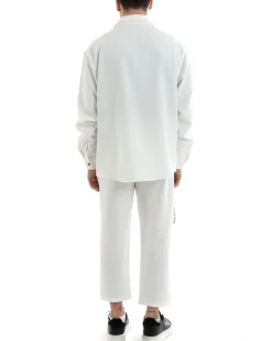 Completo Set Coordinato Uomo Viscosa Camicia Con Colletto Pantaloni Outfit Bianco GIOSAL-OU2254A