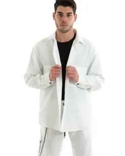 Completo Set Coordinato Uomo Viscosa Camicia Con Colletto Pantaloni Outfit Bianco GIOSAL-OU2254A