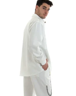 Completo Set Coordinato Uomo Viscosa Camicia Con Colletto Pantaloni Outfit Bianco GIOSAL-OU2254A