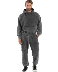 Completo Tuta Uomo Basic Felpa Con Cappuccio Pantaloni Cargo Con Tasconi Cotone Garzato StoneWashed Slavato Grigio GIOSAL-OU2472A