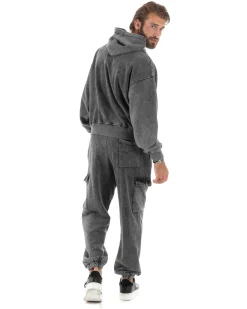 Completo Tuta Uomo Basic Felpa Con Cappuccio Pantaloni Cargo Con Tasconi Cotone Garzato StoneWashed Slavato Grigio GIOSAL-OU2472A