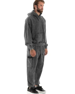 Completo Tuta Uomo Basic Felpa Con Cappuccio Pantaloni Cargo Con Tasconi Cotone Garzato StoneWashed Slavato Grigio GIOSAL-OU2472A