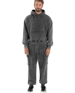 Completo Tuta Uomo Basic Felpa Con Cappuccio Pantaloni Cargo Con Tasconi Cotone Garzato StoneWashed Slavato Grigio GIOSAL-OU2472A