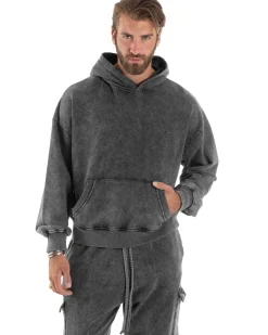 Completo Tuta Uomo Basic Felpa Con Cappuccio Pantaloni Cargo Con Tasconi Cotone Garzato StoneWashed Slavato Grigio GIOSAL-OU2472A