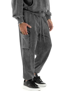Completo Tuta Uomo Basic Felpa Con Cappuccio Pantaloni Cargo Con Tasconi Cotone Garzato StoneWashed Slavato Grigio GIOSAL-OU2472A