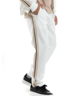 Completo Tuta Uomo Con Bande Laterali Tracksuit Caldo Cotone Felpa Con Zip Pantaloni Con Coulisse Fondo Largo Bicolore Bianco GIOSAL-OU2475A