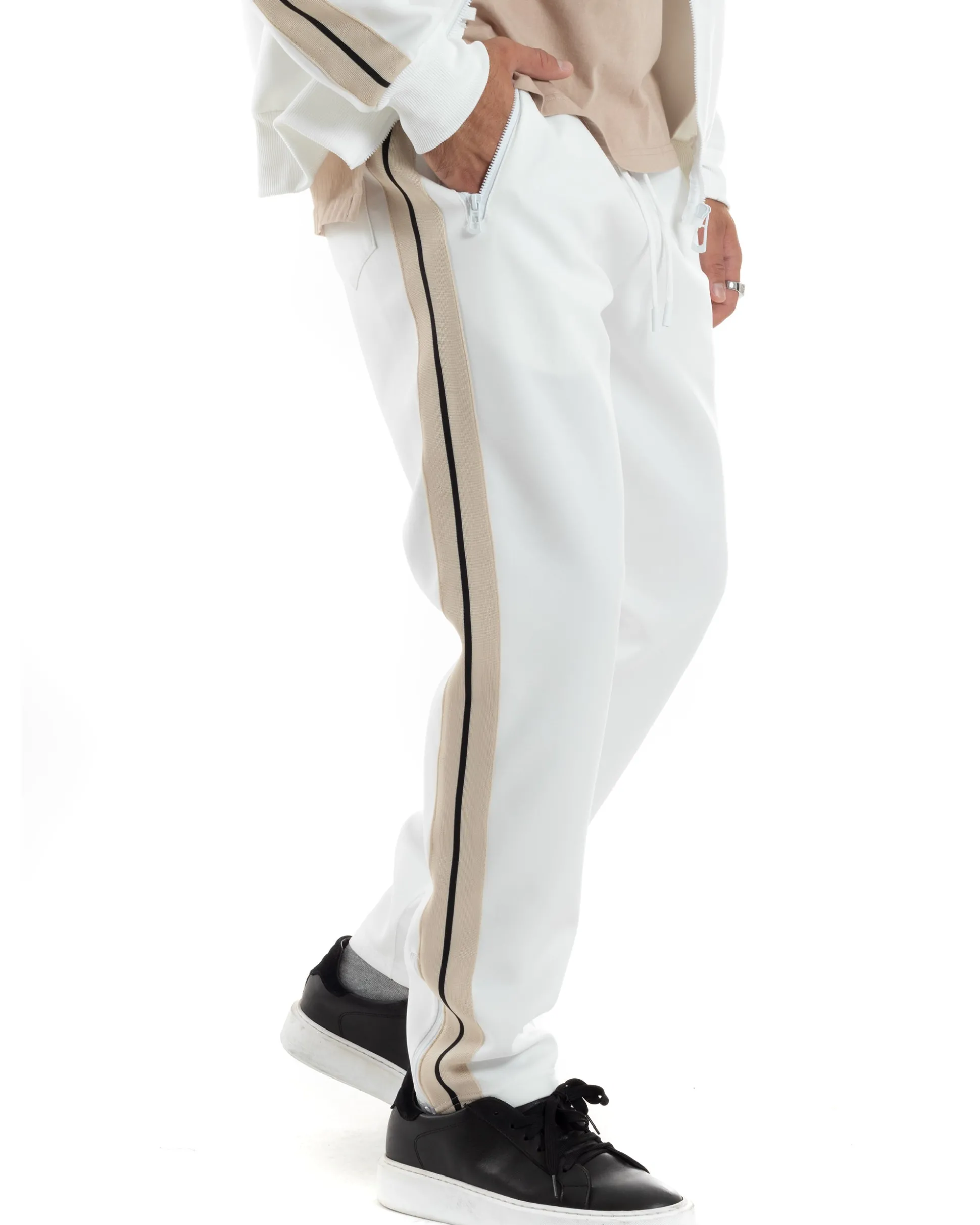 Completo Tuta Uomo Con Bande Laterali Tracksuit Caldo Cotone Felpa Con Zip Pantaloni Con Coulisse Fondo Largo Bicolore Bianco GIOSAL-OU2475A