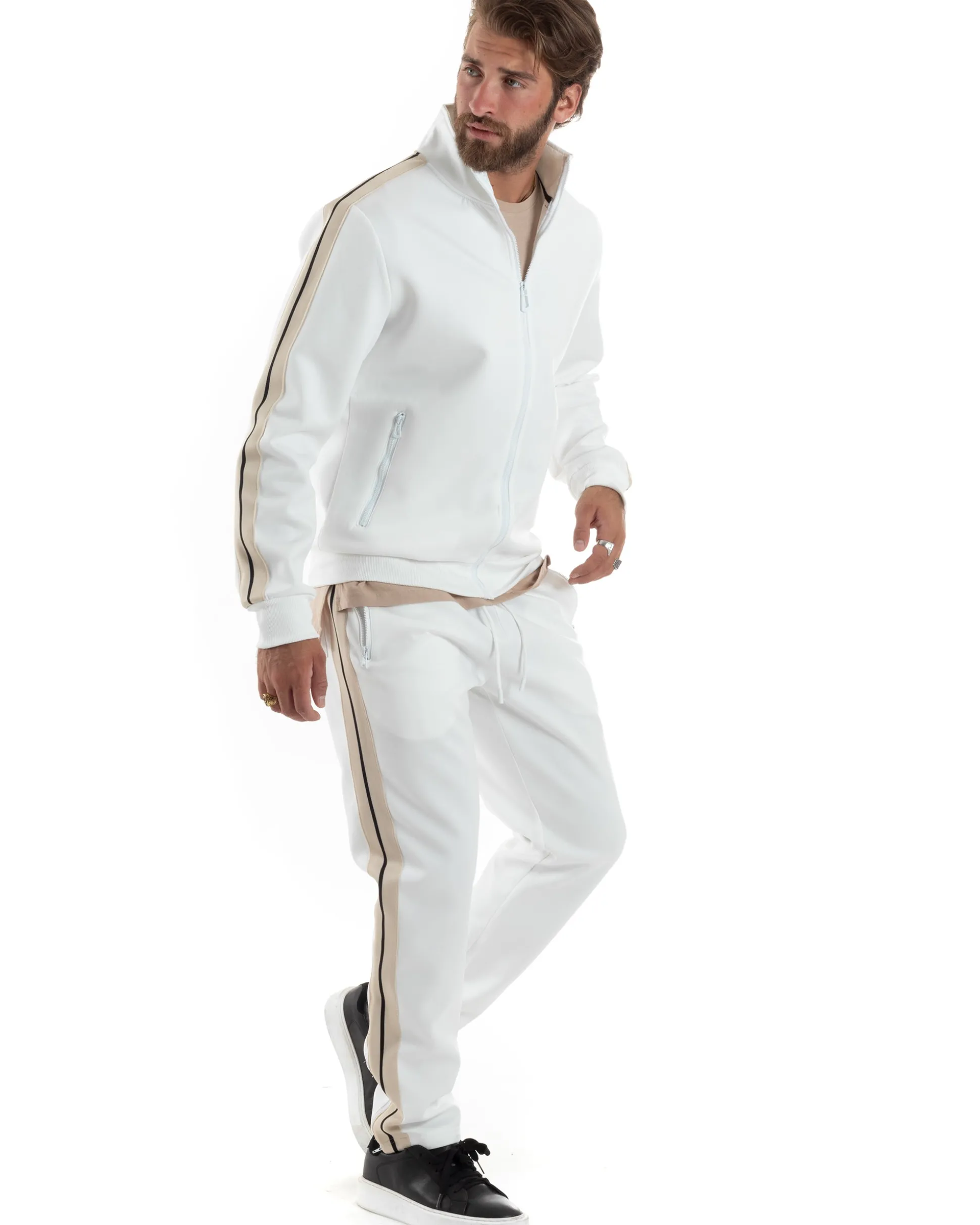 Completo Tuta Uomo Con Bande Laterali Tracksuit Caldo Cotone Felpa Con Zip Pantaloni Con Coulisse Fondo Largo Bicolore Bianco GIOSAL-OU2475A