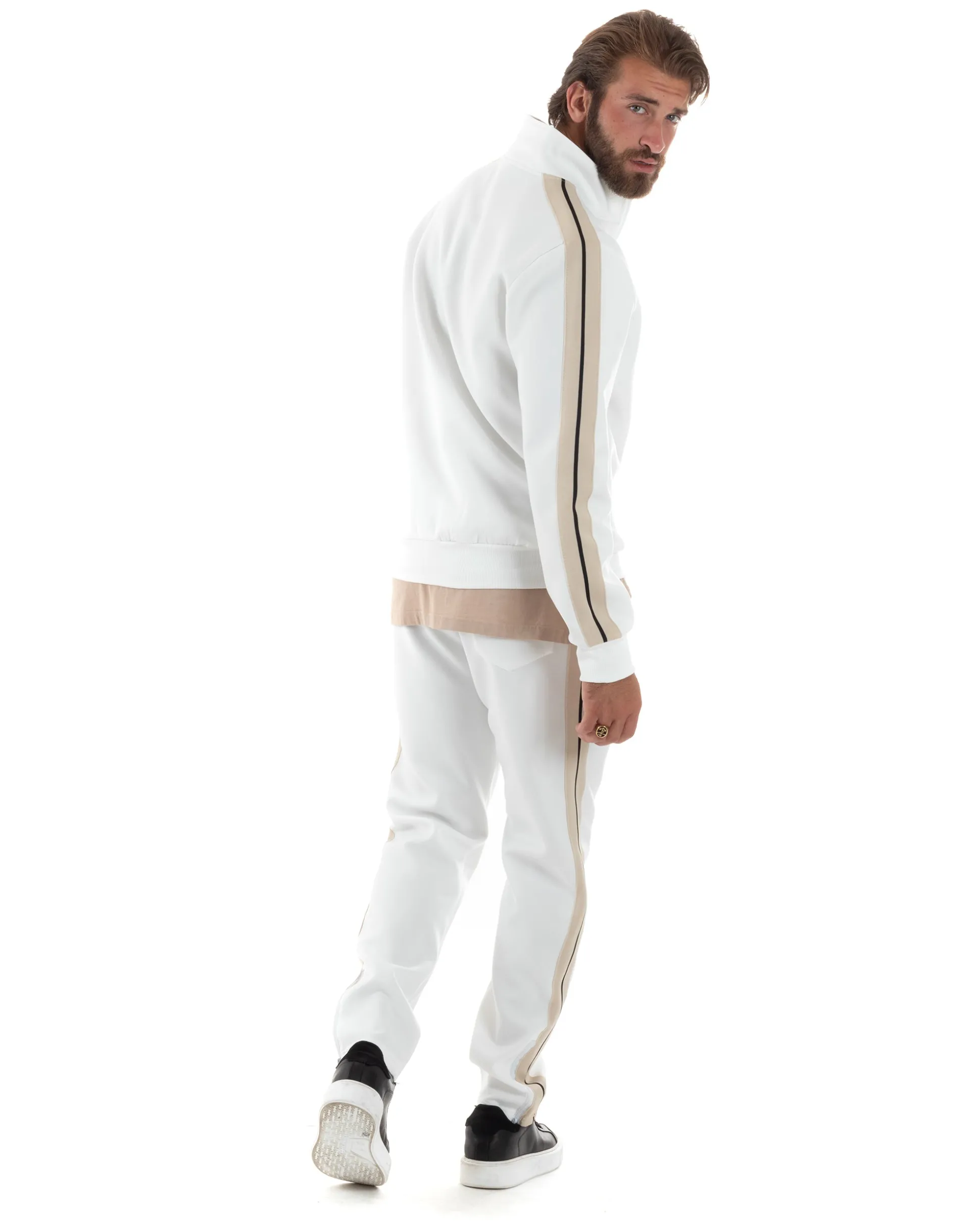 Completo Tuta Uomo Con Bande Laterali Tracksuit Caldo Cotone Felpa Con Zip Pantaloni Con Coulisse Fondo Largo Bicolore Bianco GIOSAL-OU2475A