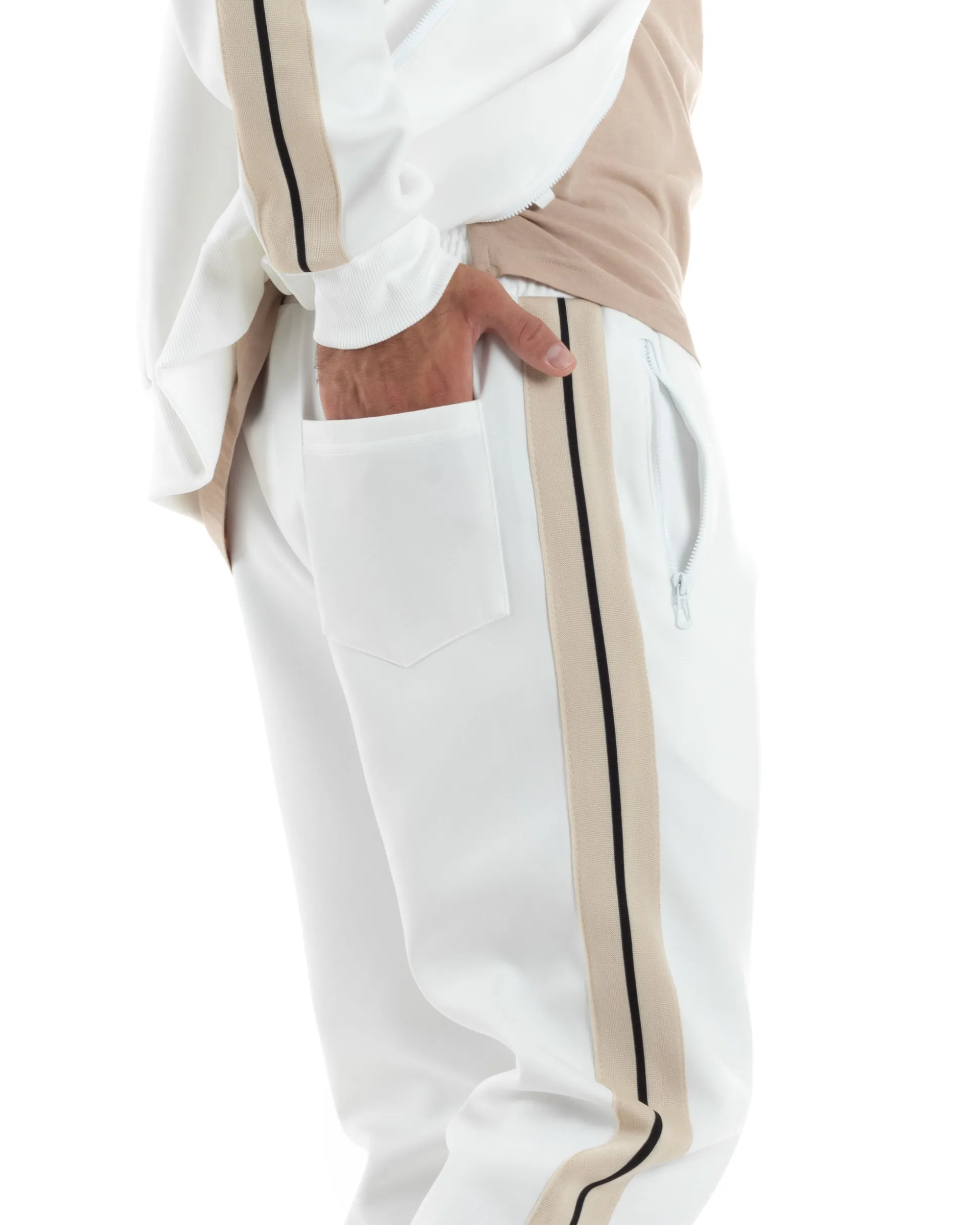 Completo Tuta Uomo Con Bande Laterali Tracksuit Caldo Cotone Felpa Con Zip Pantaloni Con Coulisse Fondo Largo Bicolore Bianco GIOSAL-OU2475A