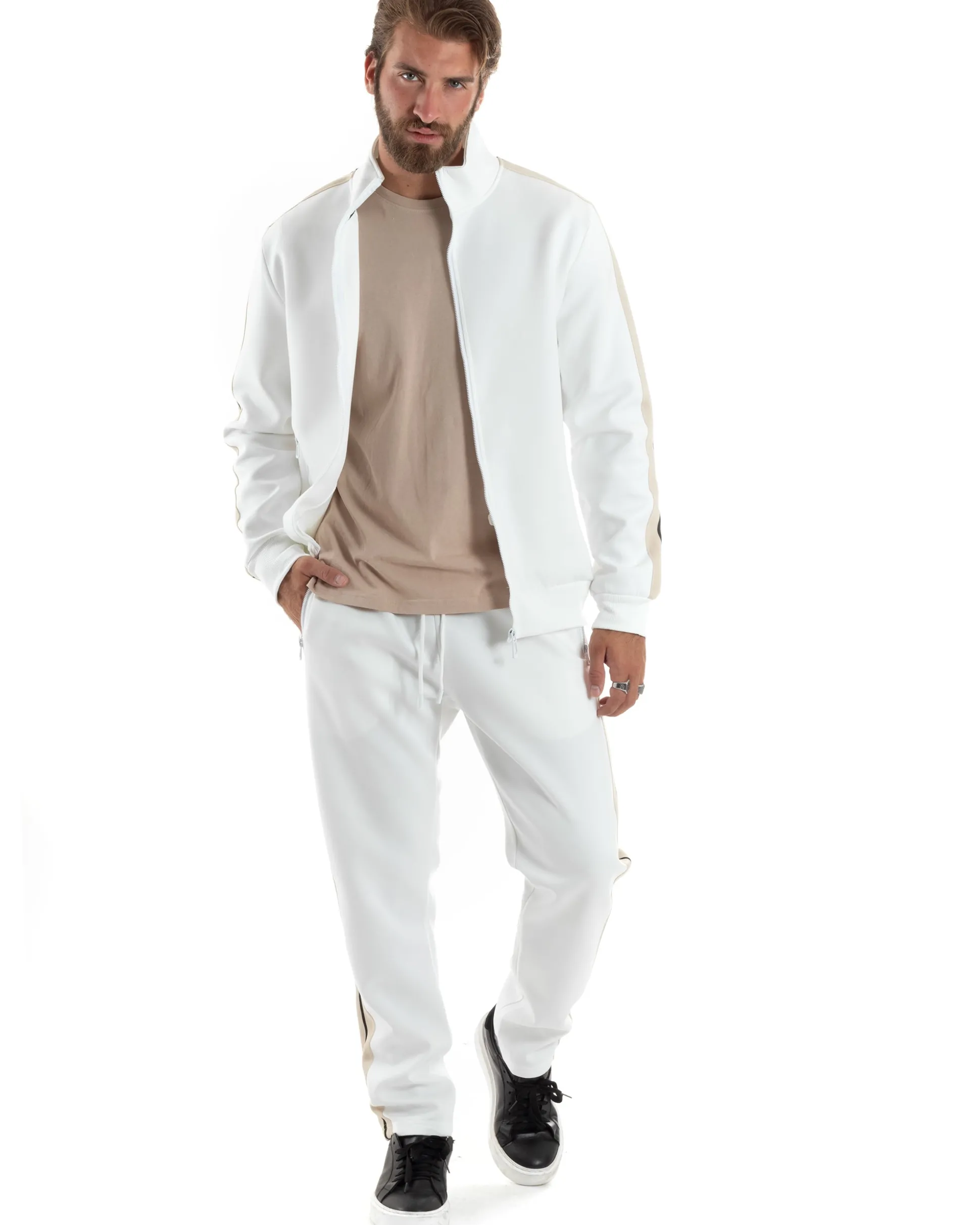 Completo Tuta Uomo Con Bande Laterali Tracksuit Caldo Cotone Felpa Con Zip Pantaloni Con Coulisse Fondo Largo Bicolore Bianco GIOSAL-OU2475A