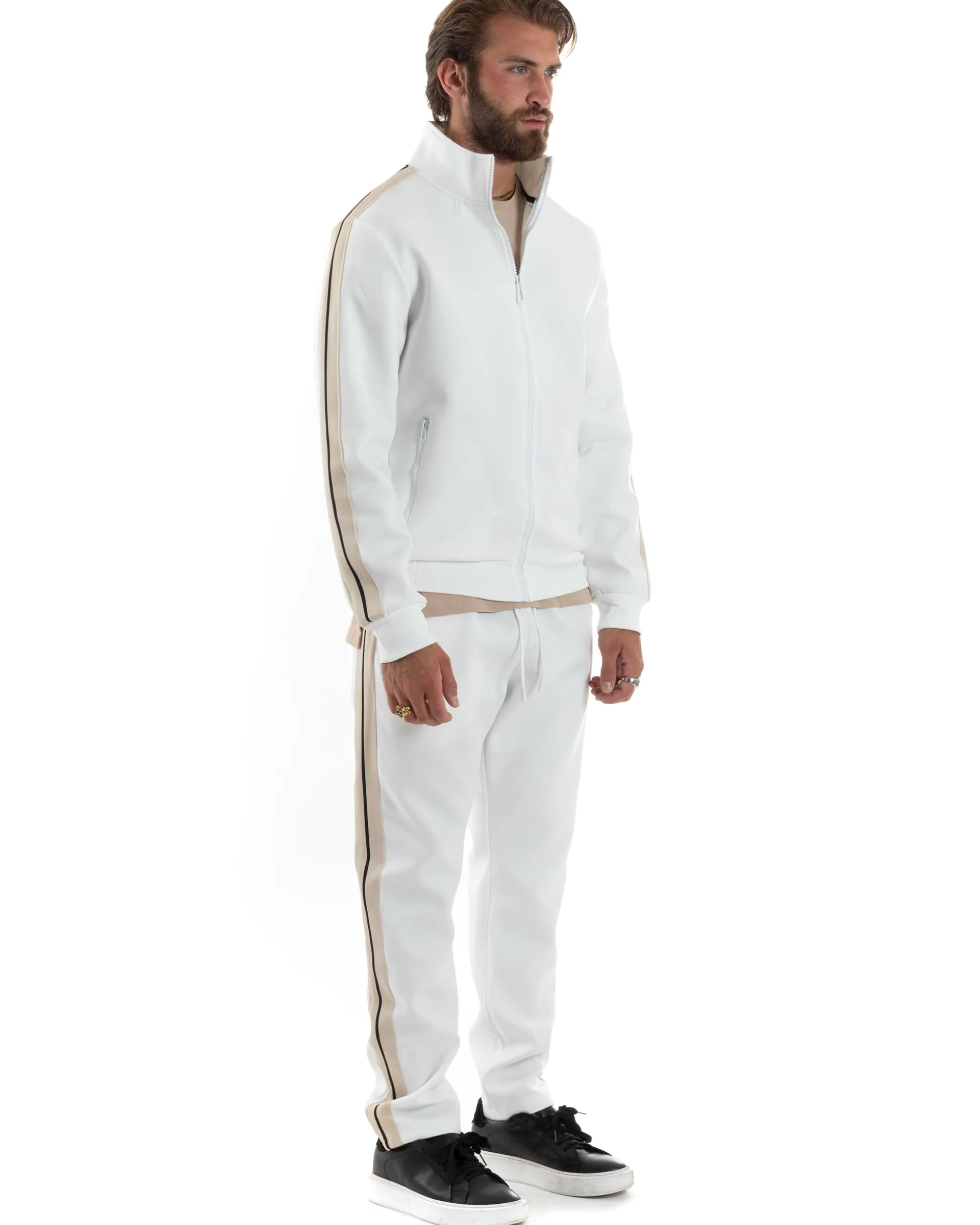 Completo Tuta Uomo Con Bande Laterali Tracksuit Caldo Cotone Felpa Con Zip Pantaloni Con Coulisse Fondo Largo Bicolore Bianco GIOSAL-OU2475A