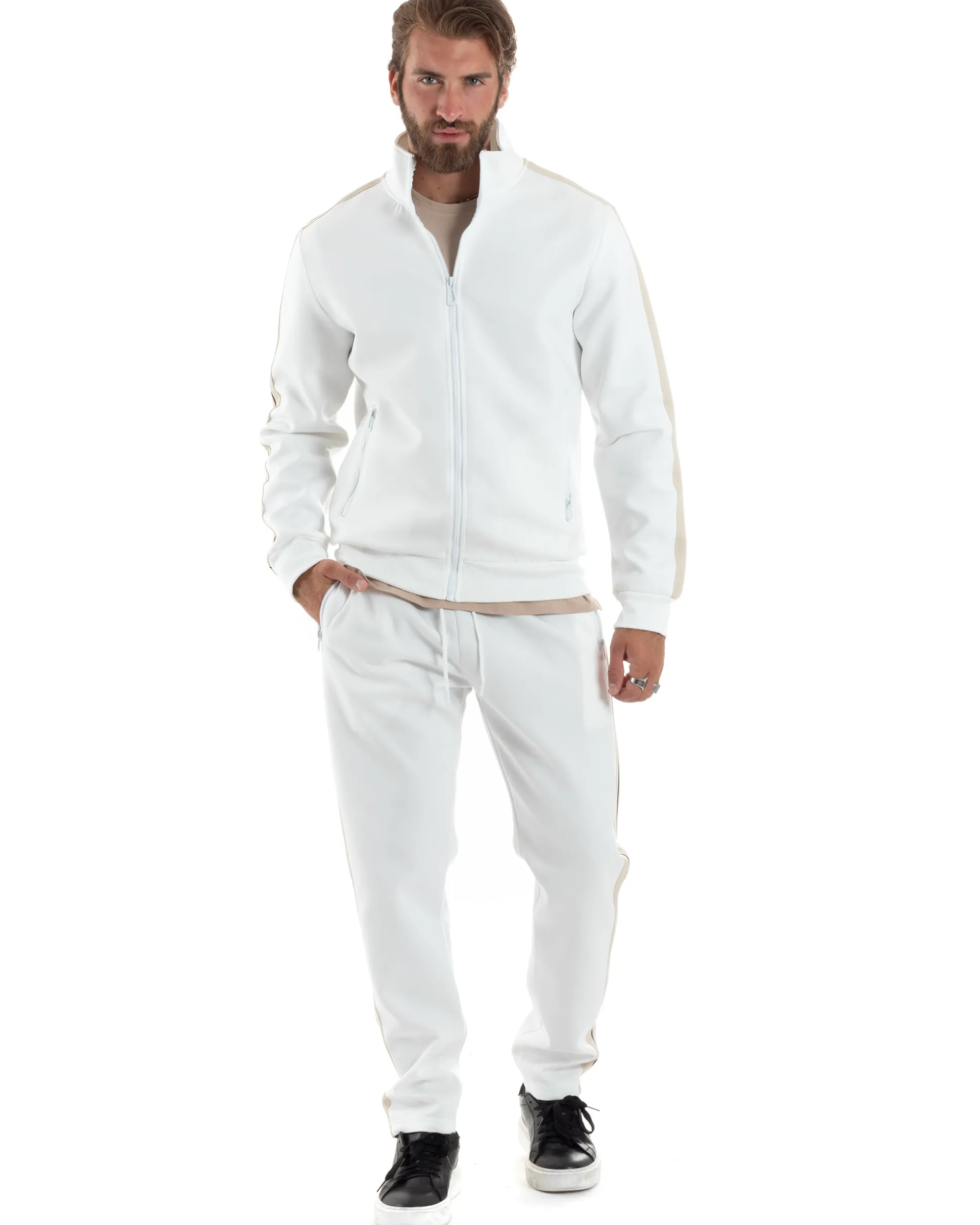 Completo Tuta Uomo Con Bande Laterali Tracksuit Caldo Cotone Felpa Con Zip Pantaloni Con Coulisse Fondo Largo Bicolore Bianco GIOSAL-OU2475A