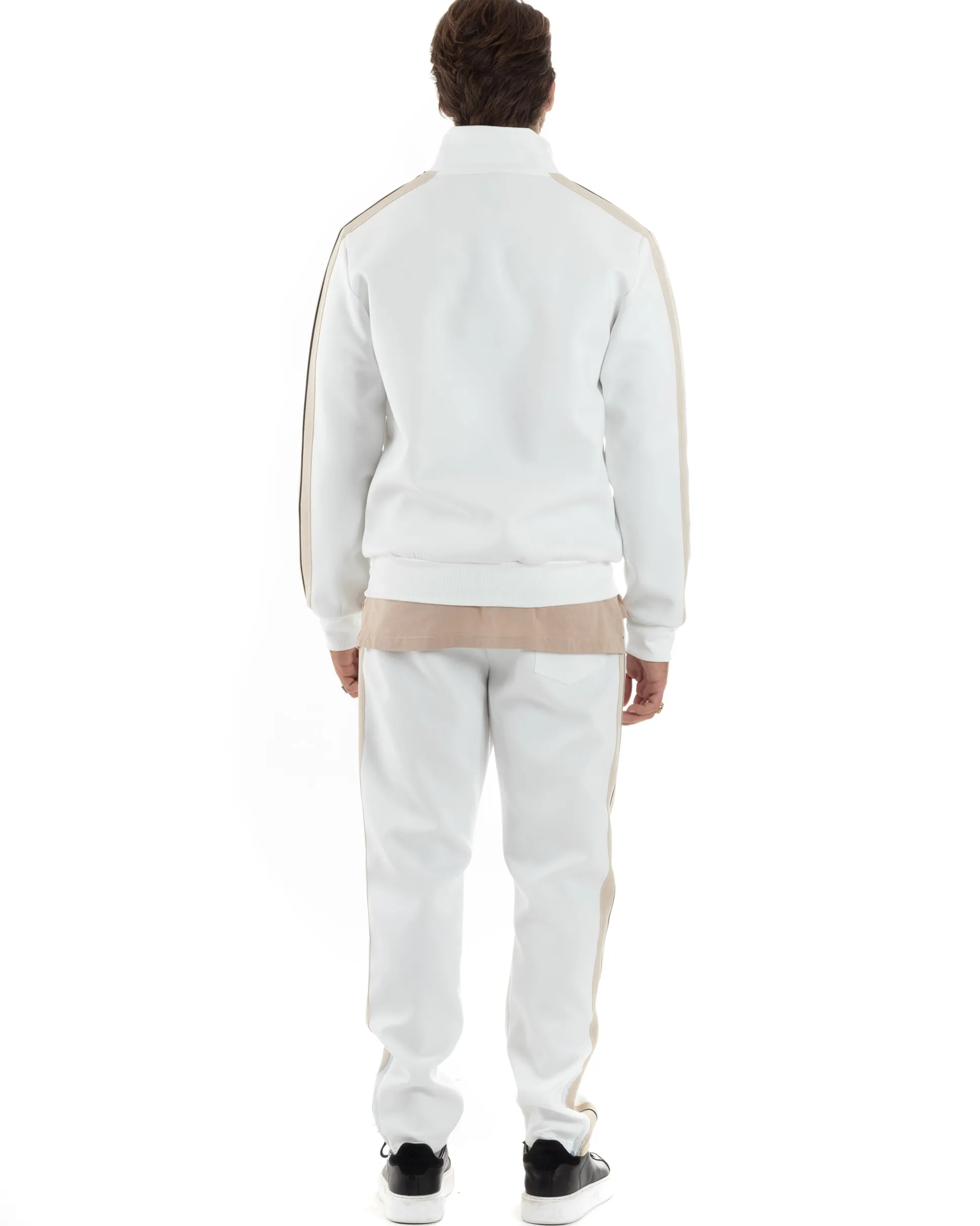 Completo Tuta Uomo Con Bande Laterali Tracksuit Caldo Cotone Felpa Con Zip Pantaloni Con Coulisse Fondo Largo Bicolore Bianco GIOSAL-OU2475A