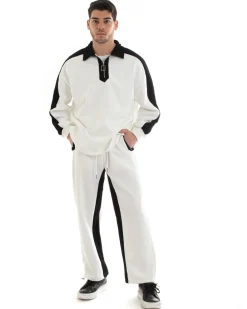 Completo Tuta Uomo Cotone Bianco Oversize Relaxed Fit Felpa Con Colletto Pantaloni GIOSAL-OU2234A