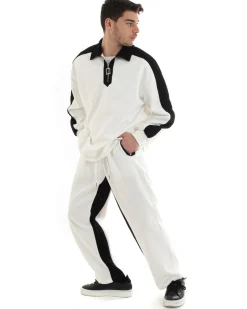 Completo Tuta Uomo Cotone Bianco Oversize Relaxed Fit Felpa Con Colletto Pantaloni GIOSAL-OU2234A
