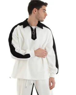 Completo Tuta Uomo Cotone Bianco Oversize Relaxed Fit Felpa Con Colletto Pantaloni GIOSAL-OU2234A