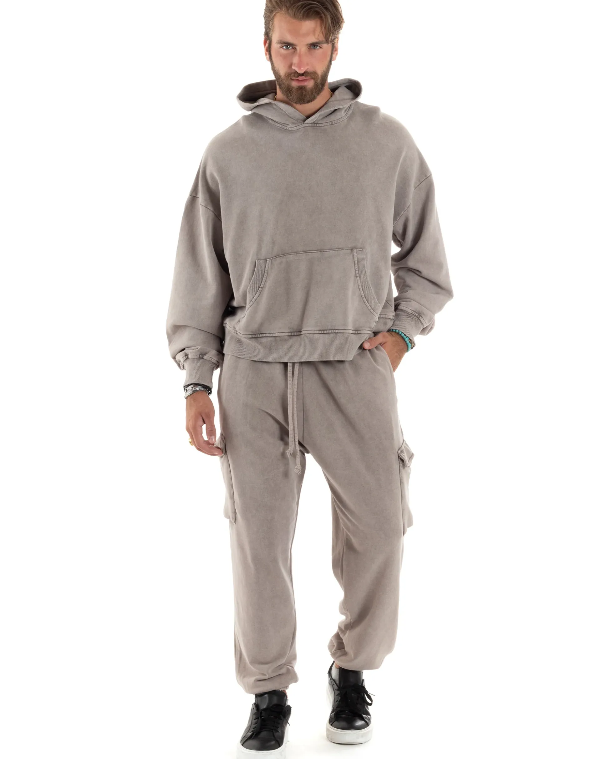 Completo Tuta Uomo Felpa Cappuccio Pantaloni Cargo Cotone Garzato StoneWashed Beige OU2473A