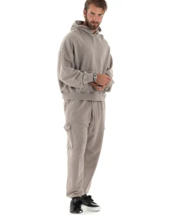 Completo Tuta Uomo Felpa Cappuccio Pantaloni Cargo Cotone Garzato StoneWashed Beige OU2473A
